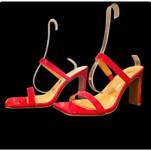 Bright Red Patent Leather High Heel Strappy Sandals With Square Toe